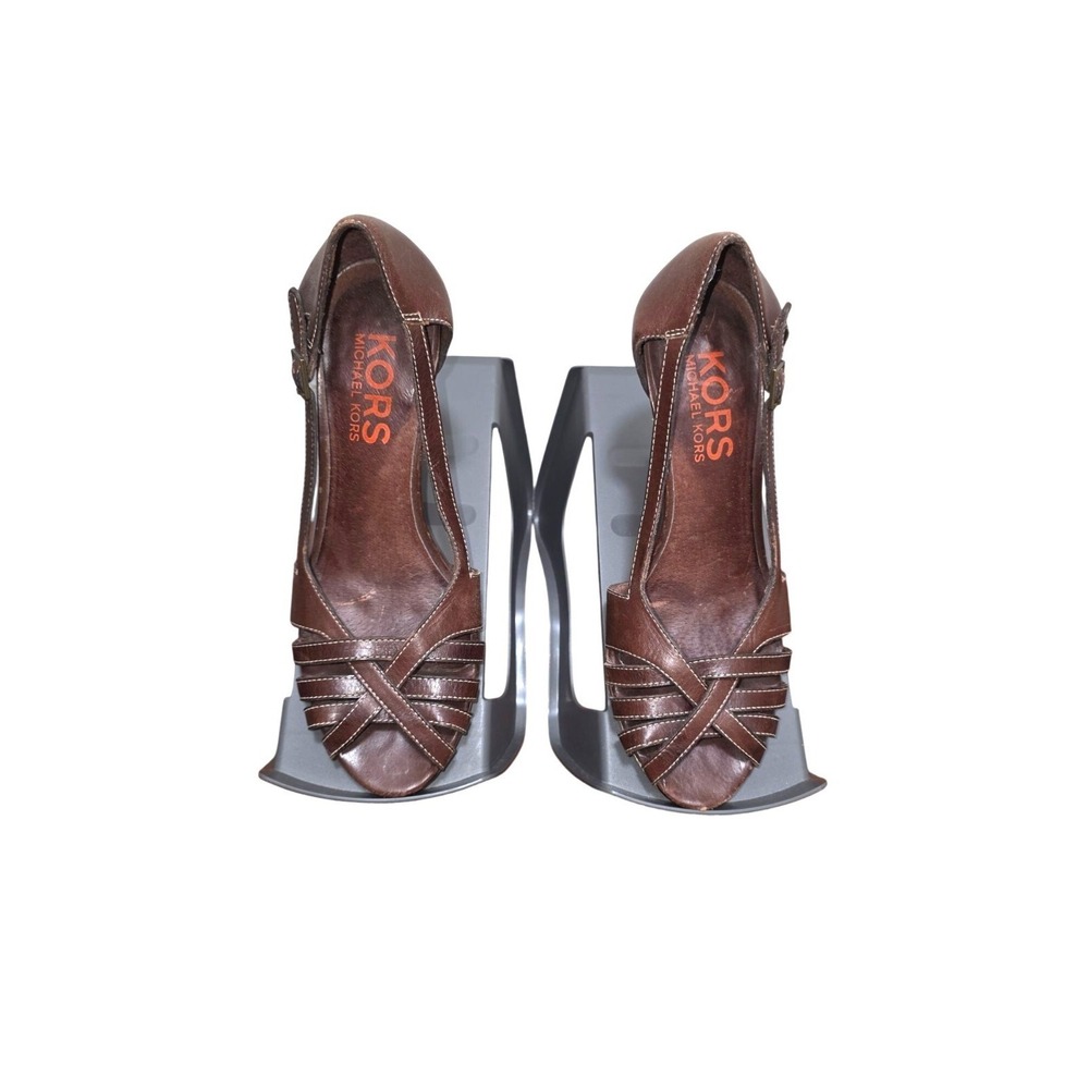 Michael Kors Women's Brown Strappy Leather Peep-Toe Heels Buckle‎ Closure Size 7